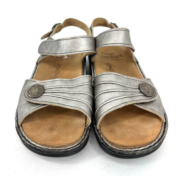Finn Comfort Women's 40/9.5 Silver Gomera Leather Adjustable Low Flat Sandals - Picture 2 of 6